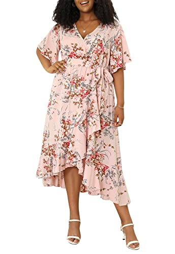 Keluummi Maxikleid für Hochzeitsgäste, in Übergröße für kurvige Frauen, Sommer, lässig, Boho, Blumenmuster, langes Wickelkleid mit Ärmeln und...