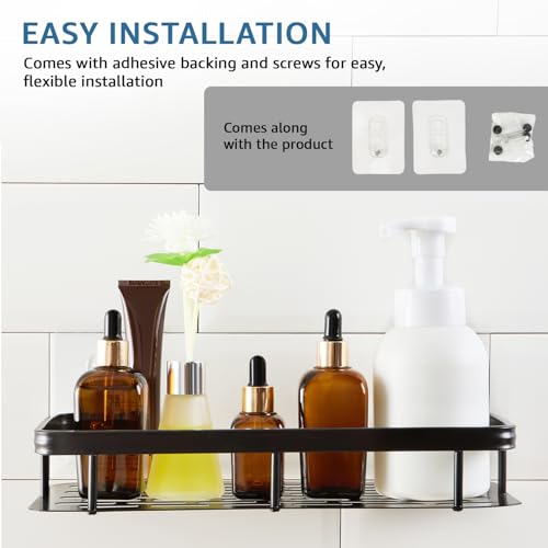 Image of Amazon Basics Self-Adhesive Aluminium Bathroom Wall Shelf | Water-Resistant | Pack of 2 | Tool-Free Installation | Black | 30D x 13W x 5.5H cm