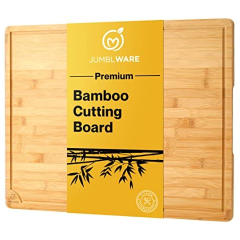 JumblWare Bamboo Cutting Board. Heavy Duty Wooden Chopping Block Tray with Handles & Juice Groove for Meat, Cheese, Fruits, Vegetables & Charcuterie. Large, 24” x 18” Cover