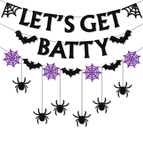 Halloween Black-Purple Spider-Web Party-Decorations Banner，Let's Get Batty Banner Spider Bat Bunting Garland, Gothic Haunted Houses Wall Fireplace Party Decorations Supplies