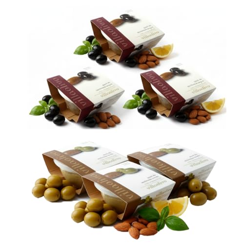 Villaolivo - Pack 6x125g Paté Gourmet de Aceitunas Verdes y Negras con Almendras | Tapenade Vegano | Sin Conservantes ni Aditivos