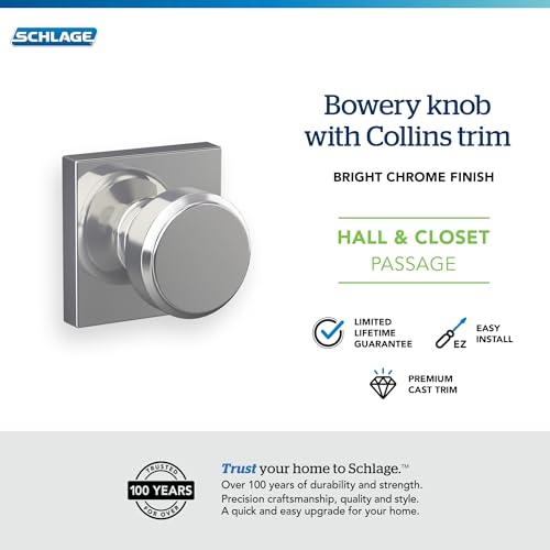 Image of Schlage F10 BWE 625 COL Bowery Knob with Collins Trim Bed & Bath Privacy Door Lock, Bright Chrome
