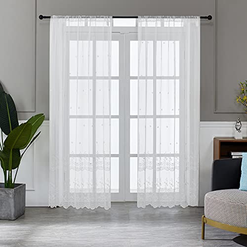 Booque Valley Floral Sheer Curtains, 84 Inches Long Rod Pocket Elegant White Floral Embroidered Window Drapes Lace Window Gauze For Living Room Bedroom 2 Panel W52 X L84 Inches #TOP1