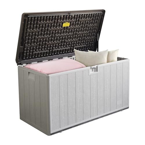 Decksplore Caja de resina de 120 galones profesionales, contenedor de almacenamiento impermeable para exteriores, para patio, piscina y jardín, con cerradura y resistente a los rayos UV, ideal para