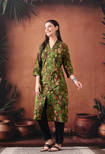 Image of Ichaa Women's Pure Cotton A-Line Ethnic V-Neck Kurta with 3 /4th Sleeve for Daily and Office Wear, in Plus Sizes