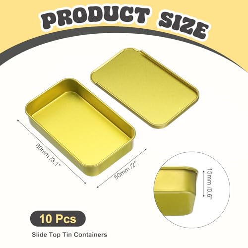 Image of uxcell 10Pcs Slide Top Tin Containers, Mini Metal Empty Tins Box with Sliding Lids, 3.1 inchx2 inchx0.6 inch Rectangular Storage Organizers for Lip Balm, Solid Perfume, Small Items, Light Gold