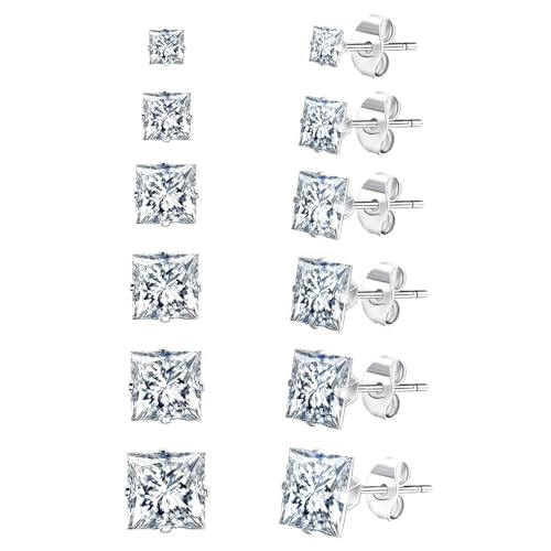 Stainless Steel Stud Earrings Set for Men, 18K White Gold Plated Square Cubic Zirconia Studs Hypoallergenic Mens Earrings Pack 6 Pairs for Men Women