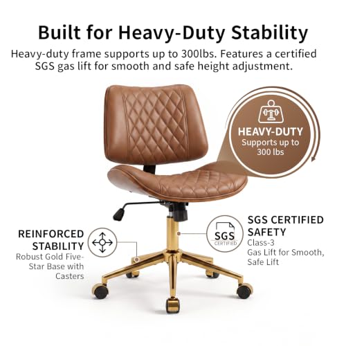 FervorFurn Armless Office Chair with Back, Mid Century Modern Walnut Style Desk Chair, No Arms Leather Computer Chair for Home Office, Vanity Chair, Seat-Rocking, Adjustable Height (Light Brown) - image 9
