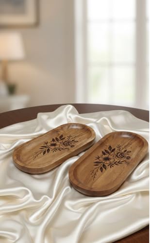 Image of Wooden Jewelry Tray, Oval Shape, L x B x H = 10 x 5 x 0.5 Inch Floral Design, Natural Wood Finish, Organizer for Rings, Necklaces, Earrings And Snacks Serving (Flower 2)