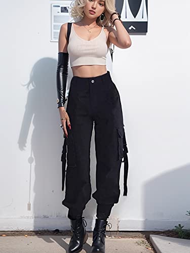 Vangull Womens High Waisted Cargo Pants Pockets Casual Loose Combat Twill Trousers Girls Black #TOP1