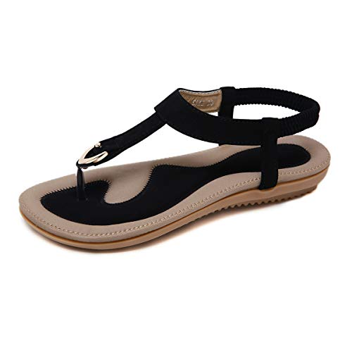 SANMIO Sandales Plates D'été pour Femmes Bohème avec Sangles en T Tongs - Noir - 40/40.5 EU