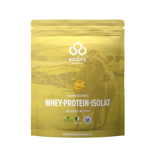 edubily nutrition® Whey Protein Isolat aus irischer Weidehaltung • Sehr gut lösliches Eiweißpulver ohne Kohlenhydrate & Zucker • Laktosefrei • 750 g (Banane)