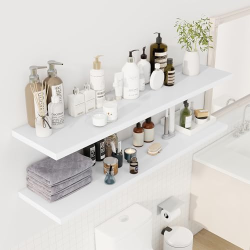 Image of Dreamland 55 inch Floating Shelves for Wall, 12 inch Deep Slim White Floating Shelves, Wall-Mounted Shelves for Bedroom, Living Room, Kitchen, Bathroom - Set of 2