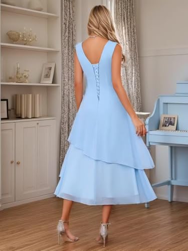Mother of The Bride Dresses with Jacket Chiffon Tiered Tea Length V Neck Formal Prom Dress JH0134