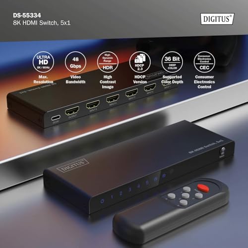 Digitus DS-55334 Switch Hdmi 5X1-5 In 1 Out - Uhd 8K/60 Hz Hdtv: 7680 × 4320P - Hdcp 2.3 & Hdmi 2.1 - Hdr, Cec, Deep Color, Dts, Dolby Digital, Lpcm - Per Tv, Monitor, PS5, PS4, Xbox - 9
