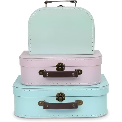 Jewelkeeper Paperboard Suitcases - Set of 3 Decorative Vintage Storage Boxes - Retro Luggage Decor for Birthdays, Weddings, Nursery, or Home Display - Pastel Cardboard Storage Box Set