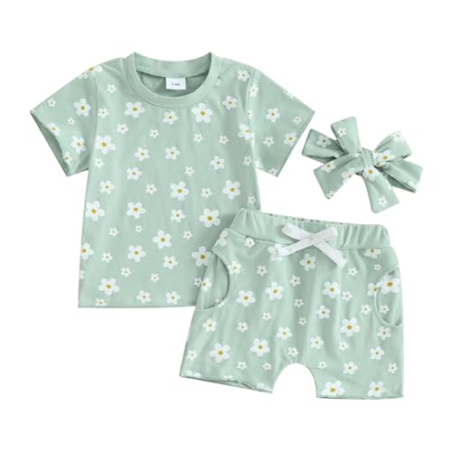 Image of Lucikamy Toddler Baby Girl Clothes Summer Short Sleeve Floral Print T Shirt Tops + Elastic Shorts Set Infant Casual Outfits