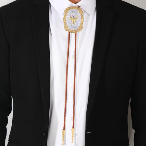 Image of GelConnie Brown Bolo Tie for Men Women Western Ties Mens Gold Bolo Tie Rodeo Cowboy Leather Necktie Cowgirl Tie Wedding