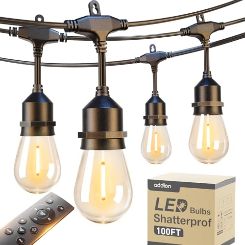 addlon 100FT Outdoor String Lights with Remote Dimmable Patio Lights Waterproof Shatterproof Edison Bulb for Outside Backyard Porch Garden Bistro Pergola Party Decor, Warm Ambience Lighting
