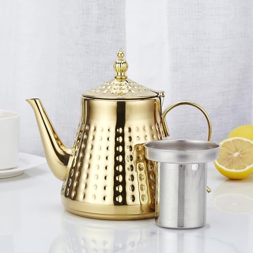SANQIAHOME 1.2L(40oz) Stainless Steel Hammer Patterned Teapot With Removeable Infuser,Loose leaf cover,Gold by SANQIAHOME - Used condition - Image 3