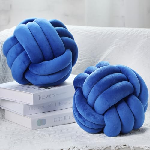 Namalu 2 Pcs Soft Knot Pillow Ball, Decorative Round Throw Knotted Pillows Cushion, Handmade Stuffed Ball Pillows for Winter Bedroom Sofa Couch Home Decor(7.87 Inches,Deep Blue)