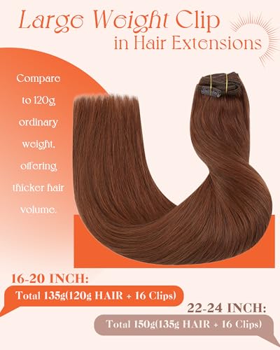 Image of Sunny Hair Clip in Hair Extensions Real Human Hair Copper Red Brown 135g | Remy Hair Extensions Clip Ins 16 Inch, Add Volume for Polished Fuller Look for Concert Hairstyles with Straight Texture Hair