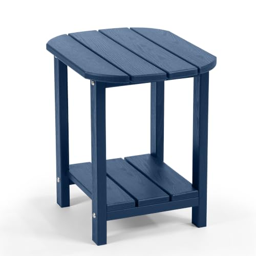 Image of Outdoor Side Table with Shelf - All-Weather HDPE End Table with Realistic Wood Grain, Heavy Duty Composite for Patio, Deck, Poolside, Garden & Adirondack Seating (Navy Blue)