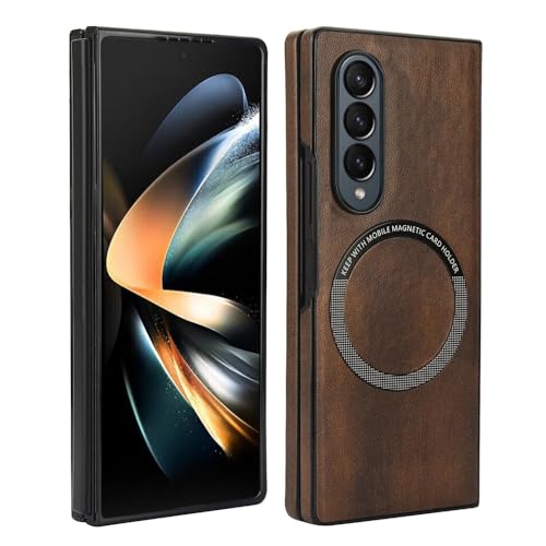 XKchatpt Magnetic for Samsung Galaxy Z fold 4 Case Support Wireless Charging PU Leather Shockproof Slim Hard Case for Samsung Galaxy Z fold 4 (Brown)