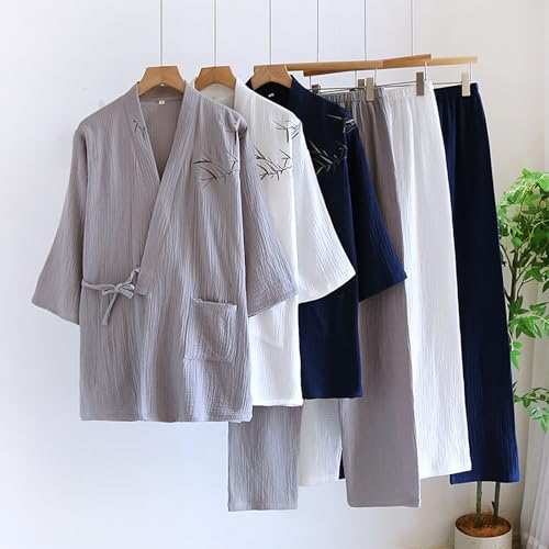 Cambkatl Linen Pajama Sets for Men 2 Piece Loungewear Bathrobe Loose Long Sleeve Wrap Shirts & Pjs Pants Kimono Sleepwear2