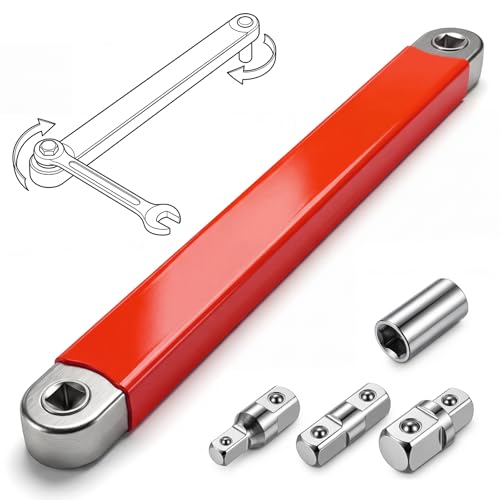 Image of Offset Extension Wrench, Zero-Degree Ratchet Extension – 15" Low-Profile Bar with 8 Adapters, 1/2", 1/4" & 3/8" Drives, Carbon Steel Socket Extensions for Tight Spaces, Automotive & DIY (Orange)