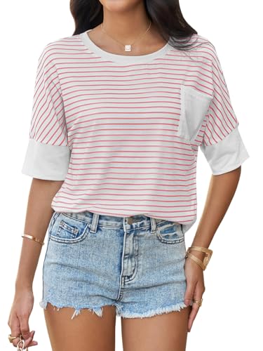 Yousify Womens Striped T-Shirts Summer Short Sleeve Tops Casual Loose Fit Crew Neck Tee Shirts Pink — view 2