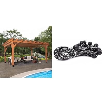 Backyard Discovery Beaumont 16 ft. x 12 ft. All Cedar Pergola Kit + Kotap 25 Pack 9 in. Black Ball Bungee Cord Tarp Tie-Down
