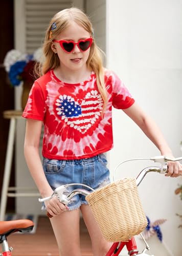 Image of BesserBay Kids Girls 4th of July Crop Tops American Flag Red White Blue Patriotic Bows USA Flag T-Shirts 6-14 Years
