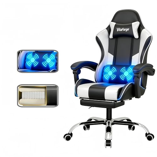 EaseZen Chaise Gaming Ergonomique，Ressorts d’Assise, Massage Lombaire, Repose-Pieds, Oreiller. Accoudoirs 2D, 360°, inclinable, Solide, Confort Longue durée