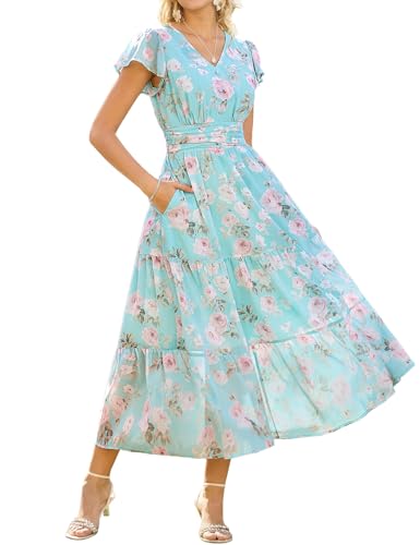 GRACE KARIN Wedding Guest Dresses Mint Green with Light Pink Roses M