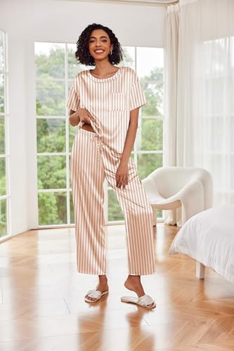 Image of Ekouaer Womens Satin Silky Pajama Set Short Sleeve Shirt with Long Pajama Pant Set Soft PJ Loungewear