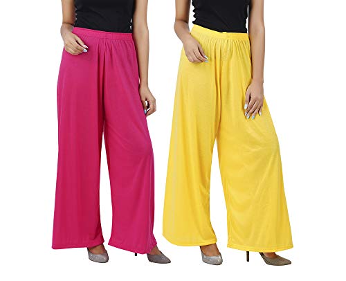 Image of Buy That Trendz M to 4XL Cotton Viscose Loose Fit Flared Wide Leg Palazzo Pants for Women Rani Pink Yellow Combo Pack of 2