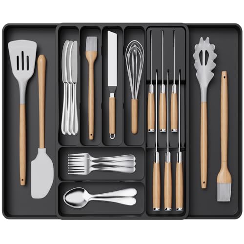 Lifewit Organizador de cubiertos cocina, bandeja expansible con bloque de cuchillos, soporte ajustable, inserto de plástico para cucharas y tenedores, grande y negro