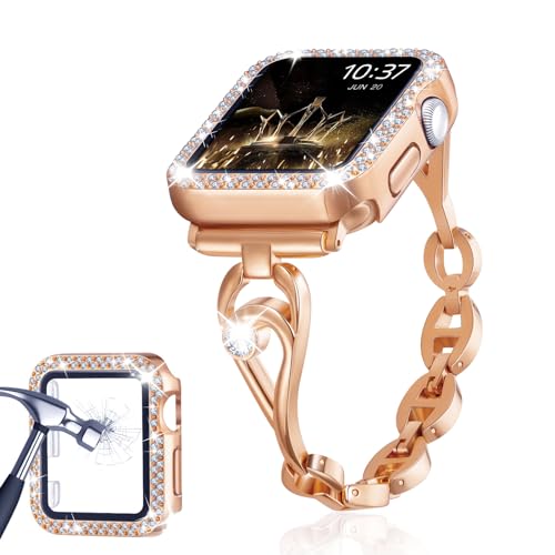 KATIMAR Slim Dressy Band and Case Compatible with Apple Watch Band 40mm 41mm 42mm 44mm 45mm, Women Bling Apple Watch Screen Protector Case & Thin Replacement Wristband for iWatch Series 9/8/7/6/5/4/SE
