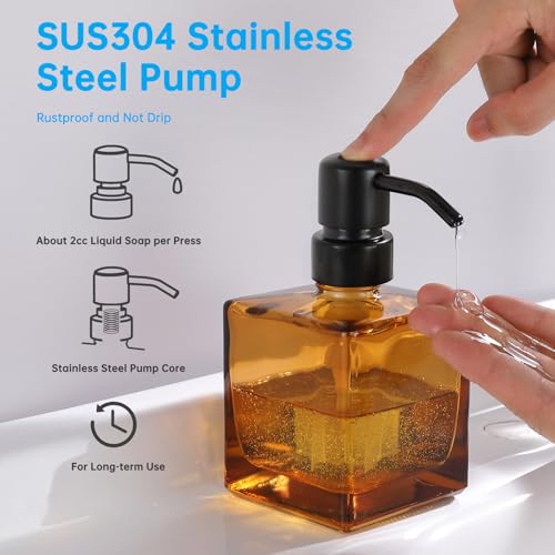 Image of Square Bathroom Soap Dispenser Amber Bottle with Black Pump, Retangle Cube 8.4 oz Glass Bottles with Stainless Steel Pump Hand Liquid Soap Dispenser Kitchen