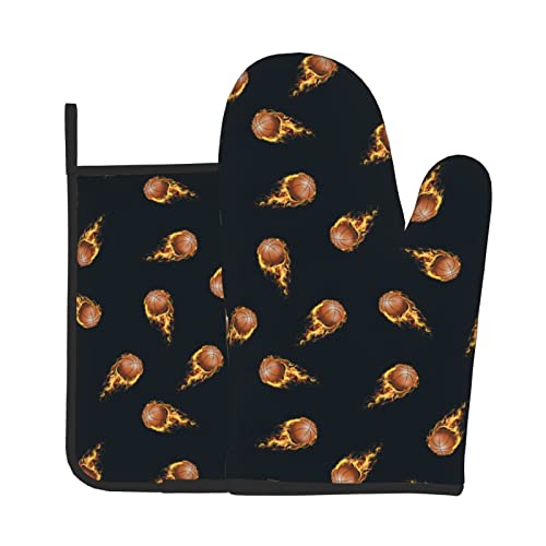 Fire Basketball Oven Mitts And Pot Holders Sets Non-Slip Heat Resistant Kitchen Gloves Hot Pads With Inner Cotton Layer For Microwave Cooking Baking Bbq Grilling #TOP1