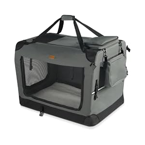 VOUNOT Hundebox faltbar, Transportbox Katze Hunde, Hundetasche, Oxford-Gewebe, Netzstoff, Atmungsaktiv, Transportabel, Metallrahmen, mit Griffen, Taschen, 60x44x44cm M, Grau
