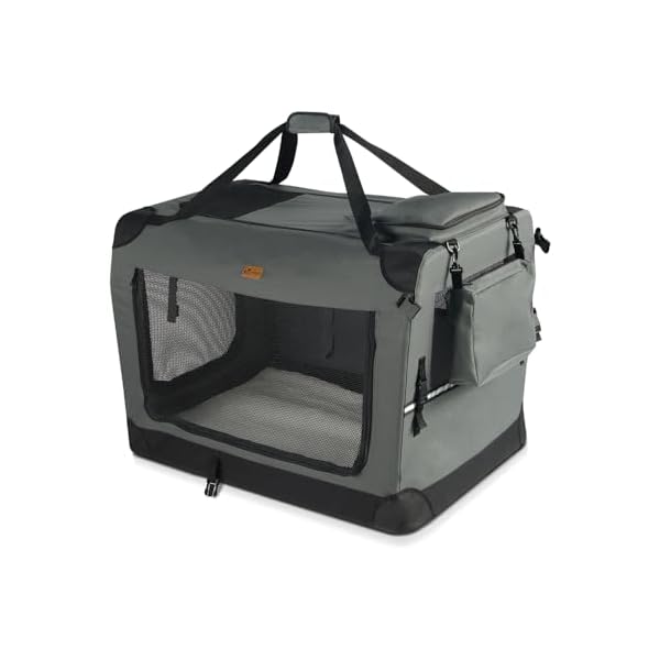 VOUNOT Hundebox faltbar, Transportbox Katze Hunde, Hundetasche, Oxford-Gewebe, Netzstoff, Atmungsaktiv, Transportabel, Metallrahmen, mit Griffen, Taschen, 60x44x44cm M, Grau