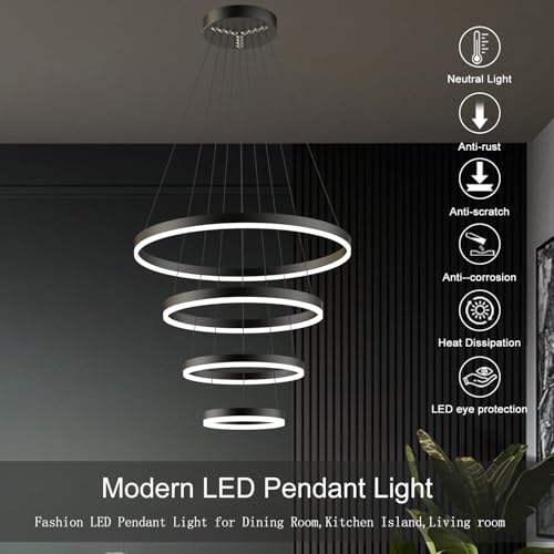 Modern LED Pendant Light, Black 4 Ring Circular Chandelier Fixture, Adjustable Height Circular Entrance Pendant Light, Suitable for Restaurants, Kitchens, Islands, Living Rooms, Cafes, Etc. (4000K) by Viruhaka - Image 2