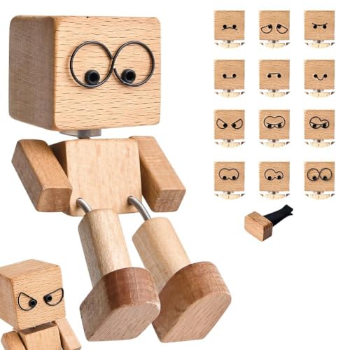 Vibbang Wackelfigur Auto, Wackelnder Holzmann, Handgefertigte Wackelmännchen Auto Holz mit 12 Magnetischen Ausdrücken, Wackelfüße Holzpuppe, Schüttelmann für Pendler und Als Dekoratives Wohnaccessoire