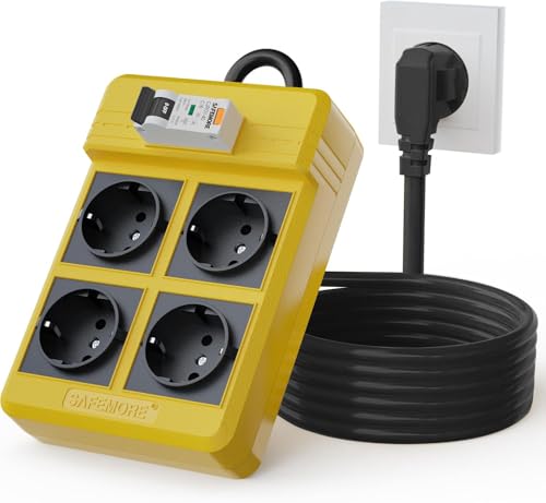 SAFEMORE Steckdosenleiste mit integriertem FI-Schutzschalter, 4-Fach RCD mit 16A/250V FI/LS-Schalter, FI-Steckdosenleiste 4000W mit 3m Verlängerungskabel und 30mA RCBO-Leistungsschalter (Gelb)