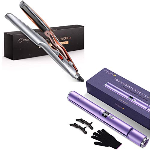 BESTOPE Hair Straightener and Curler 2 in 1 with 3D Ceramic Plate,15S Faster Heat Up,Adjustable Temp LCD 265°F-450°F,Auto Shut Off,Detachable Power Cord for All Hair Types,1 Inch (Grey+Purple Bundle)