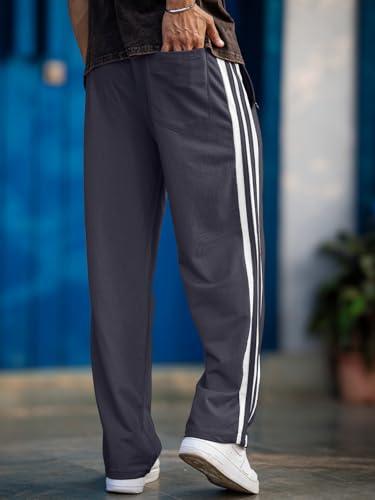 Image of Men's Track Pants with White Side Stripes | 4-Way Lycra Twill Polyester Straight Relaxed Fit Joggers | Mid-Rise Flexi Waist Lounge Bottoms