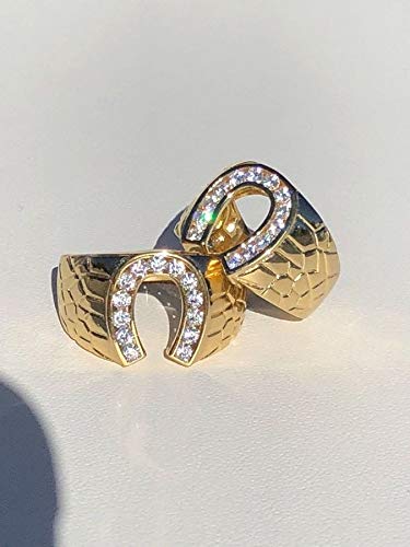 Solid 925 Sterling Silver - 14k Gold Plated - Lucky Horseshoe Ring - Mens Horse Shoe Ring Iced Flooded Out4