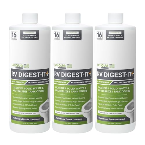 Unique RV Digest-It+, Extra-Strength RV Toilet Treatment - Liquifies Waste and All Brands of Toilet Paper - Odor Eliminator 32 oz (3-Pack) Packaging May Vary